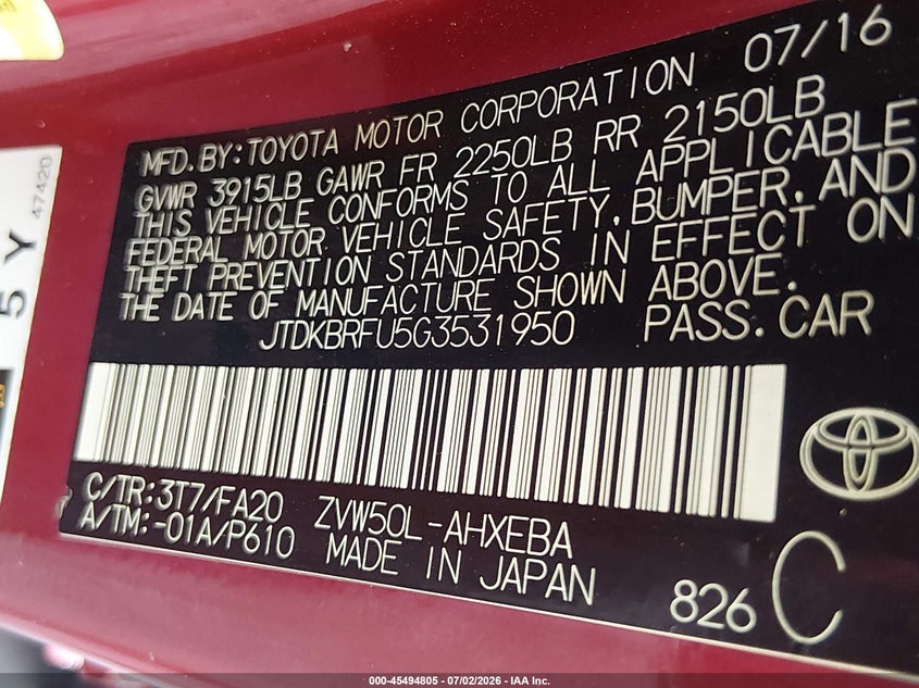 2016 Toyota Prius VIN JTDKBRFU5G3531950 IAAI salvage auction — LEFT SIDE, Original (Texas), sold $3,850 on 2026-07-30 (photo 9)