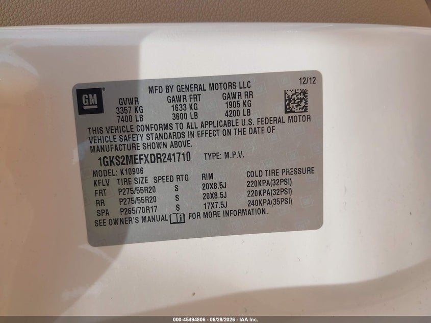 2013 Gmc Yukon VIN 1GKS2MEFXDR241710 IAAI salvage auction — Burn Engine, Salvage (Missouri), sold $1,100 on 2026-08-23 (photo 9)