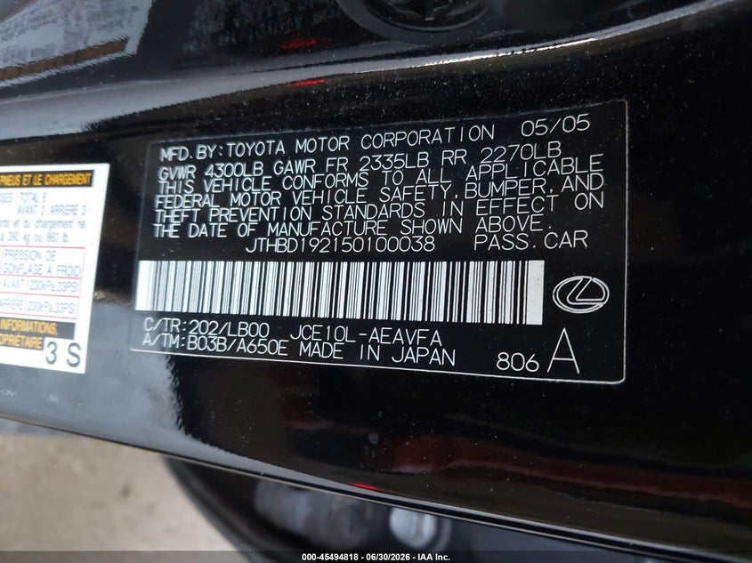 2005 Lexus Is 300 VIN JTHBD192150100038 IAAI salvage auction — LEFT REAR, Salvage (California), sold $2,200 on 2026-07-23 (photo 9)