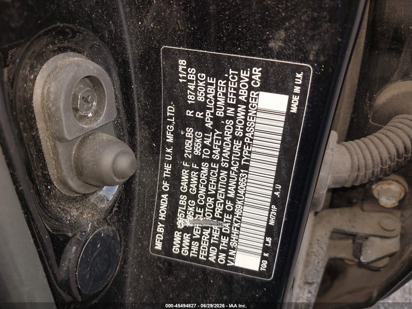 2019 Honda Civic VIN SHHFK7H69KU406531 IAAI salvage auction — LEFT REAR, Mv-907A (New York), sold $25 on 2026-07-29 (photo 9)