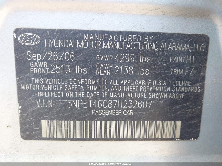 2007 Hyundai Sonata VIN 5NPET46C87H232607 IAAI salvage auction — FRONT END, Salvage (Ohio), sold $250 on 2026-07-10 (photo 9)