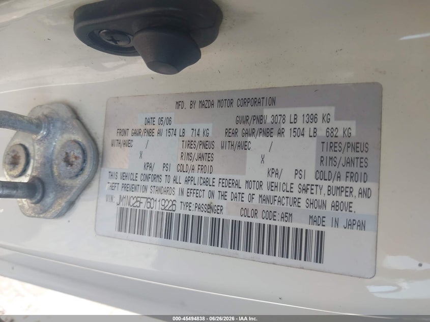 2006 Mazda Mx-5 miata VIN JM1NC25F760119226 IAAI salvage auction — SIDE, Salvage (Georgia), sold $1,150 on 2026-07-24 (photo 9)