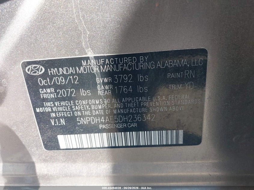 2013 Hyundai Elantra VIN 5NPDH4AE5DH236342 IAAI salvage auction — RIGHT FRONT, Salvage Certificate (California), sold $1,500 on 2026-07-31 (photo 9)