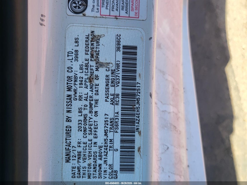 2018 Nissan 370z VIN JN1AZ4EH5JM572517 IAAI salvage auction — UNKNOWN, Clear (Arizona), sold $8,700 on 2026-07-21 (photo 9)