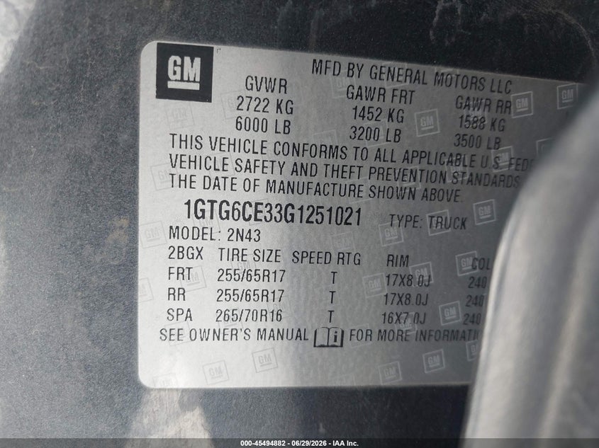 2016 Gmc Canyon VIN 1GTG6CE33G1251021 IAAI salvage auction — RIGHT REAR, Salvage (California), sold $2,700 on 2026-07-24 (photo 9)