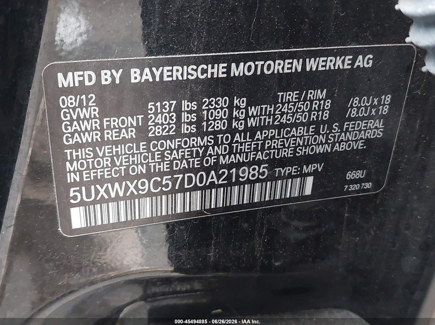 2013 BMW X3 VIN 5UXWX9C57D0A21985 IAAI salvage auction — NORMAL WEAR, Clear (Washington), sold $2,300 on 2026-07-15 (photo 9)