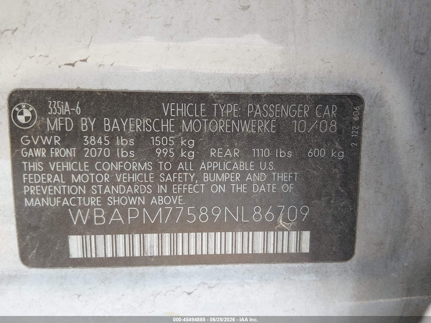 2009 BMW 3er VIN WBAPM77589NL86709 IAAI salvage auction — NORMAL WEAR, Clear (Nevada), sold $275 on 2026-07-24 (photo 9)