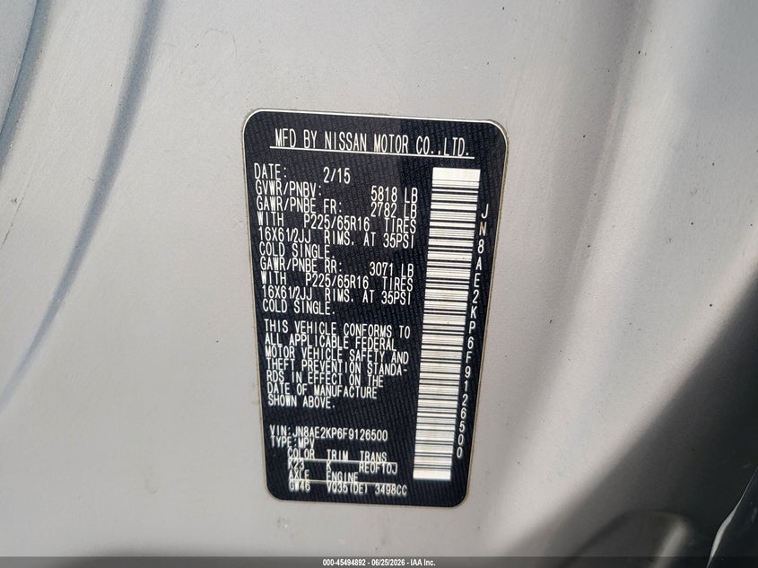 2015 Nissan Quest VIN JN8AE2KP6F9126500 IAAI salvage auction — NORMAL WEAR, Clear (Arizona), sold $2,300 on 2026-07-28 (photo 9)