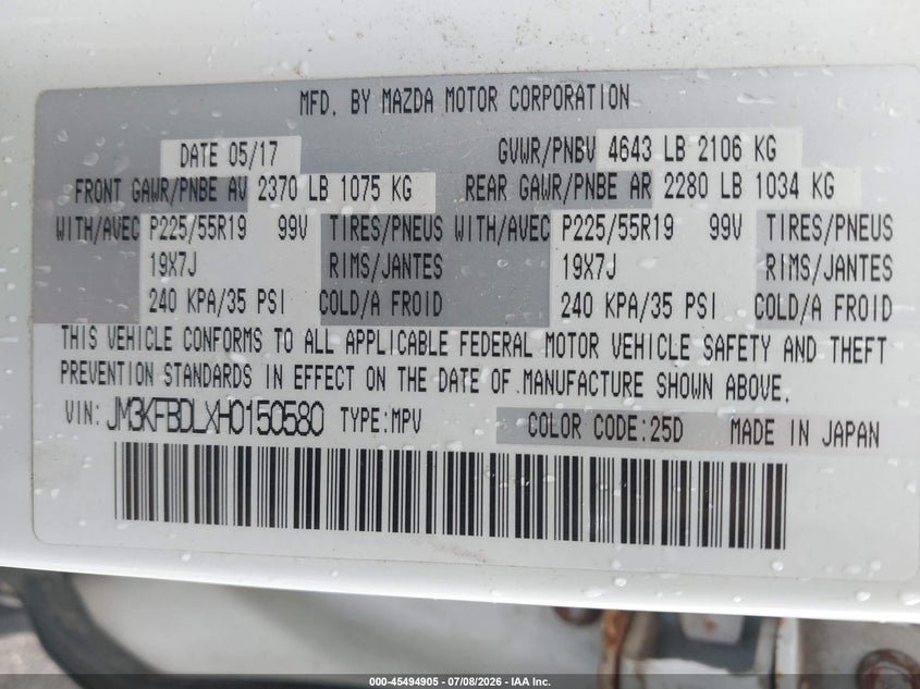 2017 Mazda Cx-5 VIN JM3KFBDLXH0150580 IAAI salvage auction — SIDE, Salvage Title, sold $4,750 on 2026-08-27 (photo 9)
