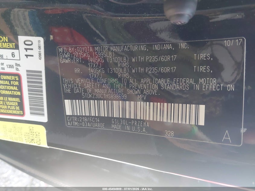 2017 Toyota Sienna VIN 5TDKZ3DC1HS898699 IAAI salvage auction — REAR END, Salvage Title, sold $10,050 on 2026-07-29 (photo 9)