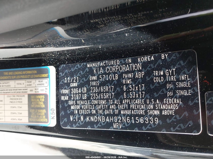 2022 Kia Carnival VIN KNDNB4H32N6156339 IAAI salvage auction — RIGHT REAR, Certificate Of Destruction (Florida), sold $5,600 on 2026-07-29 (photo 9)
