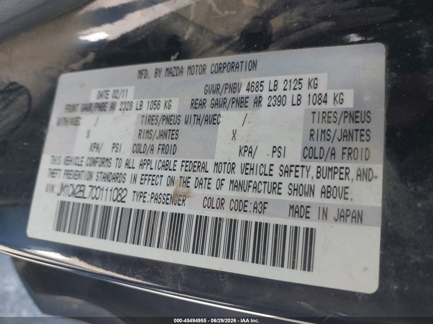 2012 Mazda 5 VIN JM1CW2BL7C0111082 IAAI salvage auction — NORMAL WEAR, App For Dup Clear (California), sold $325 on 2026-07-29 (photo 9)