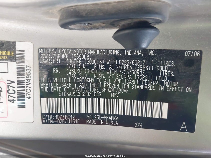 2006 Toyota Sienna VIN 5TDBA23C96S071033 IAAI salvage auction — NORMAL WEAR, Original (Texas), sold $775 on 2026-07-29 (photo 9)