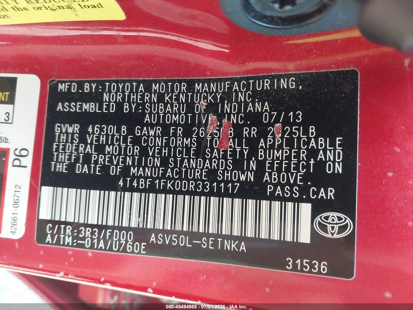 2013 Toyota Camry VIN 4T4BF1FK0DR331117 IAAI salvage auction — SIDE, Salvage (Louisiana), sold $2,600 on 2026-07-19 (photo 9)