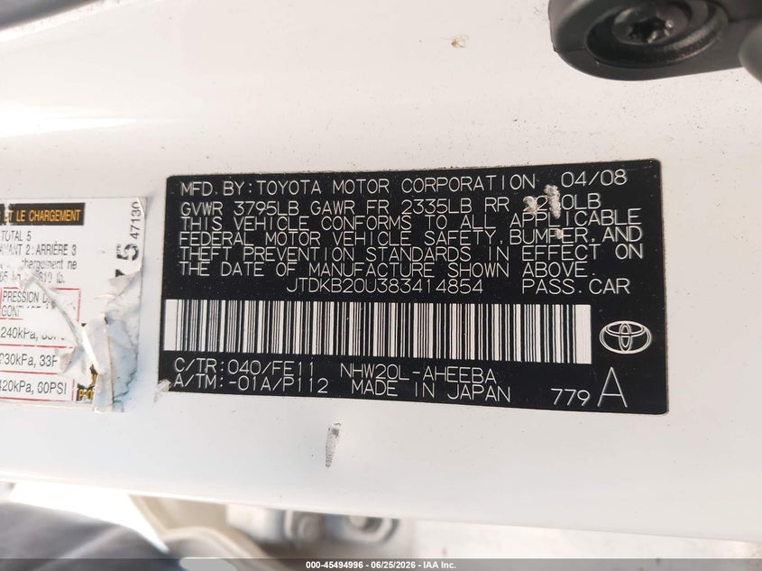2008 Toyota Prius VIN JTDKB20U383414854 IAAI salvage auction — LEFT FRONT, Salvage (California), sold $600 on 2026-07-20 (photo 9)