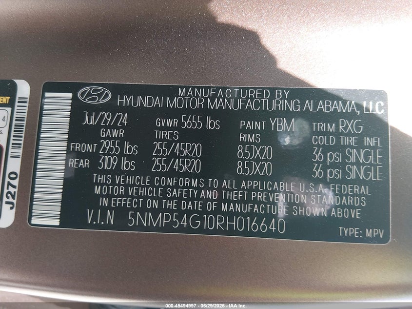 2024 Hyundai Santa fe VIN 5NMP54G10RH016640 IAAI salvage auction — SIDE, Wait Title, sold $14,300 on 2026-07-31 (photo 9)