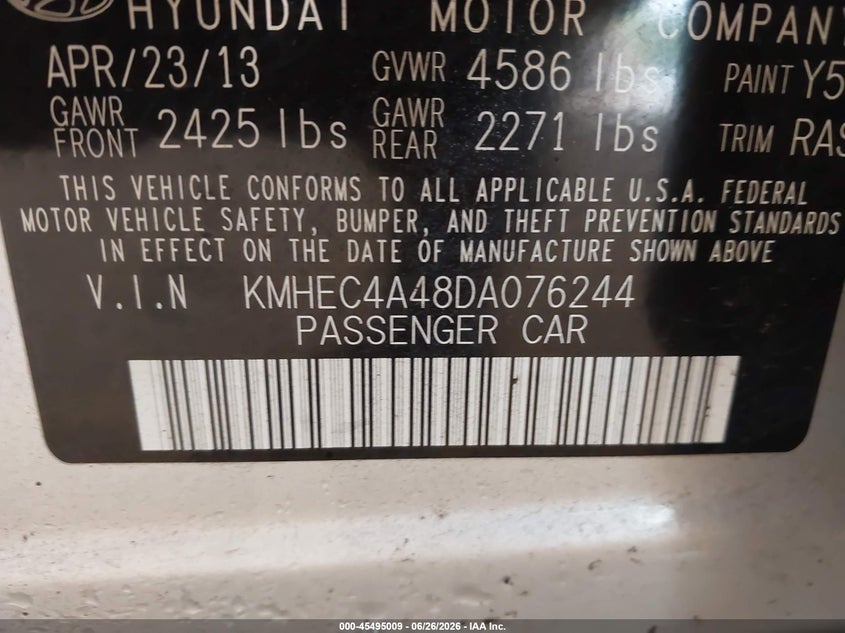 2013 Hyundai Sonata VIN KMHEC4A48DA076244 IAAI salvage auction — FRONT & REAR, Salvage (North Carolina), sold $175 on 2026-07-27 (photo 9)