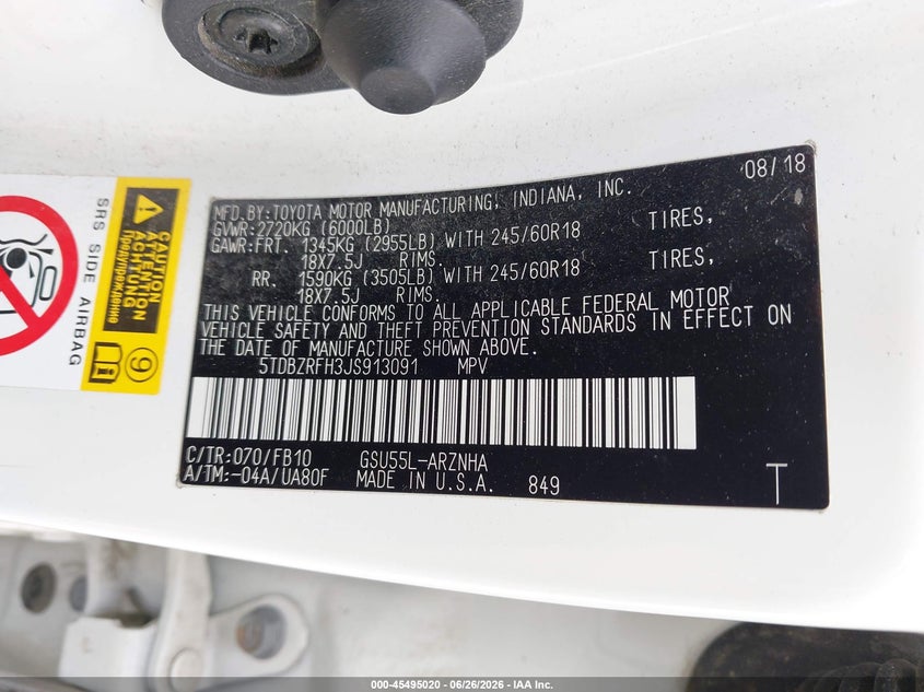 2018 Toyota Highlander VIN 5TDBZRFH3JS913091 IAAI salvage auction — TRANSMISSION, Clear (Virginia), sold $5,625 on 2026-07-31 (photo 9)