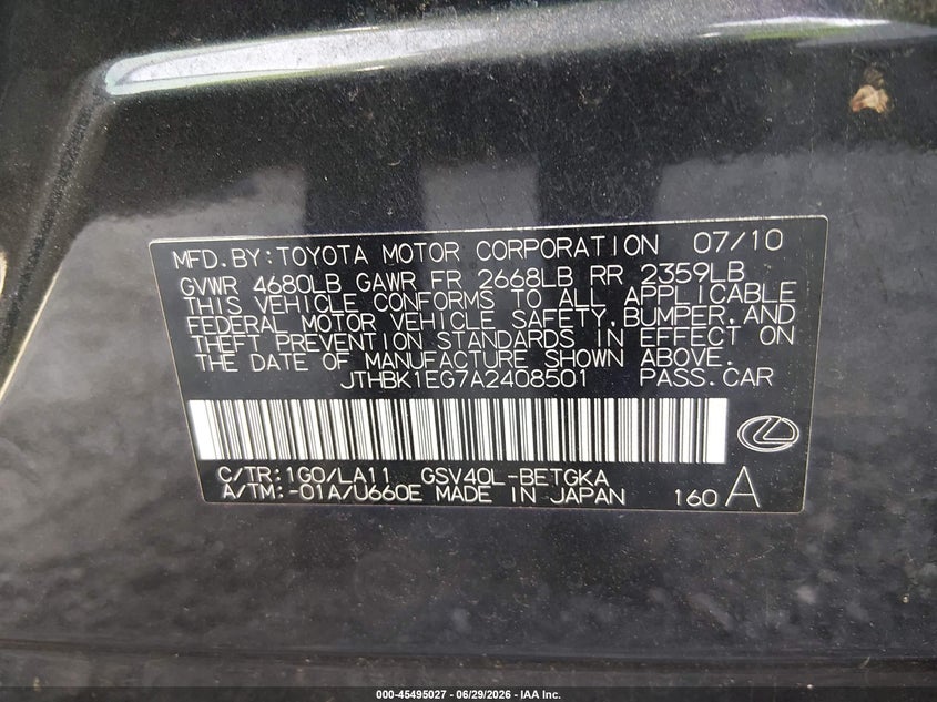 2010 Lexus Es 350 VIN JTHBK1EG7A2408501 IAAI salvage auction — REAR END, Salvage (Georgia), sold $1,650 on 2026-07-31 (photo 9)