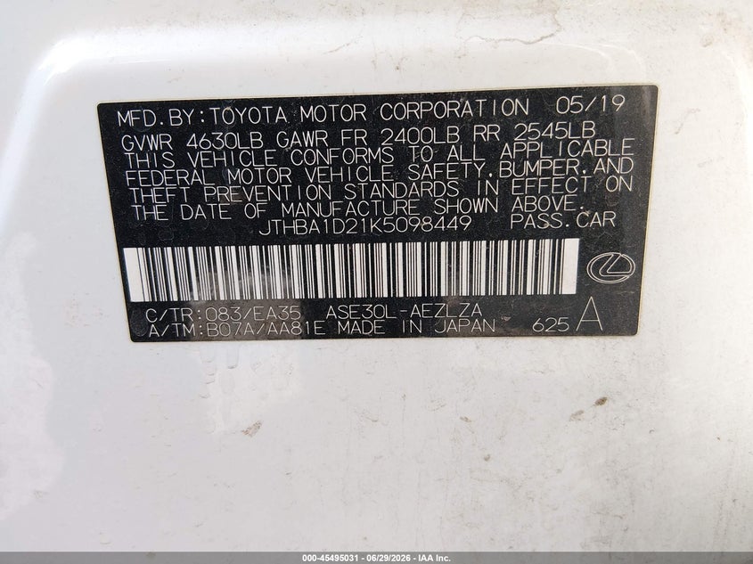 2019 Lexus Is VIN JTHBA1D21K5098449 IAAI salvage auction — LEFT FRONT, Original (Texas), sold $8,100 on 2026-08-30 (photo 9)