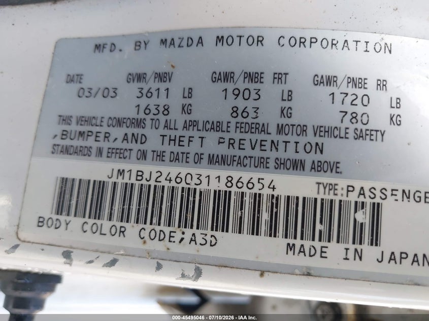 2003 Mazda Protege VIN JM1BJ246031186654 IAAI salvage auction — NORMAL WEAR, Clear (Florida), sold $25 on 2026-07-29 (photo 9)