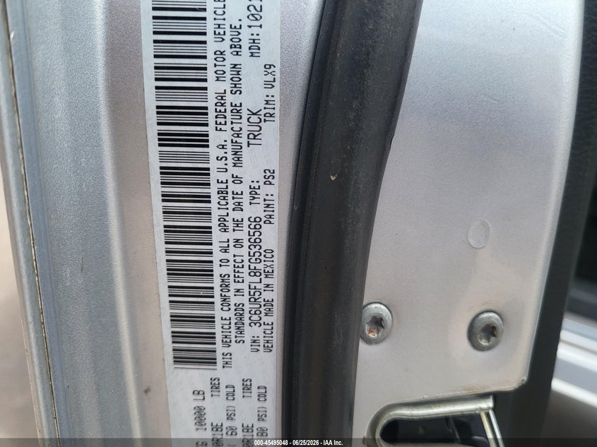 2015 Ram 2500 VIN 3C6UR5FL8FG536566 IAAI salvage auction — NORMAL WEAR, Clear (Arizona), sold $16,500 on 2026-07-28 (photo 9)