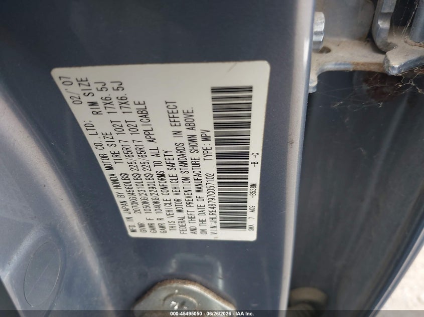 2007 Honda Cr-v VIN JHLRE48797C057102 IAAI salvage auction — NORMAL WEAR, Clear (Pennsylvania), sold $1,300 on 2026-07-17 (photo 9)