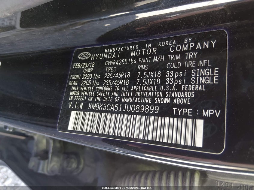 2018 Hyundai Kona VIN KM8K3CA51JU089899 IAAI salvage auction — FRONT END, Salvage (Nevada), sold $1,500 on 2026-07-31 (photo 9)
