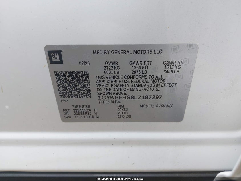 2020 Cadillac Xt6 VIN 1GYKPFRS8LZ187297 IAAI salvage auction — REAR END, Wait Title, sold $9,900 on 2026-08-22 (photo 9)