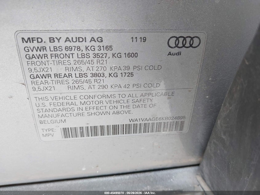 2019 Audi E-tron VIN WA1VAAGE6KB024895 IAAI salvage auction — LEFT FRONT, Clear (Michigan), sold $14,300 on 2026-07-15 (photo 9)