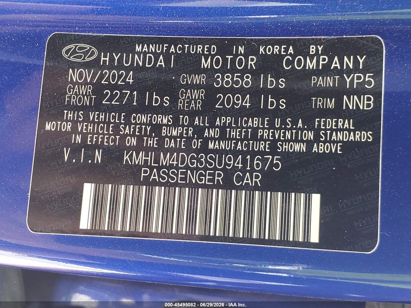 2025 Hyundai Elantra VIN KMHLM4DG3SU941675 IAAI salvage auction — RIGHT FRONT, Nrc Lienholder Repossession Paperwork (Mississippi), sold $7,525 on 2026-07-14 (photo 9)