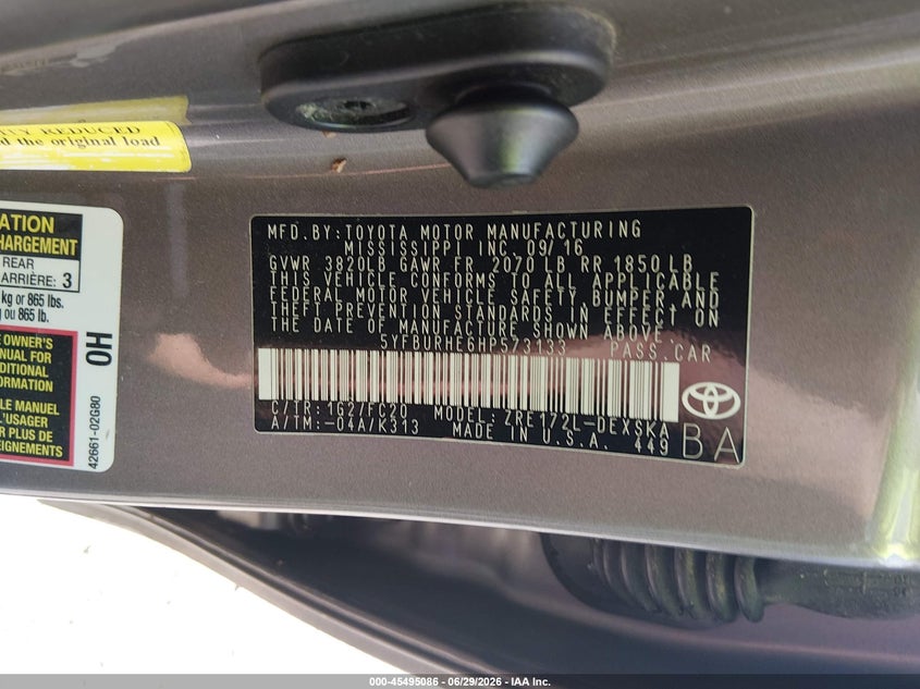 2017 Toyota Corolla VIN 5YFBURHE6HP573133 IAAI salvage auction — SIDE, Salvage (Louisiana), sold $1,900 on 2026-07-28 (photo 9)