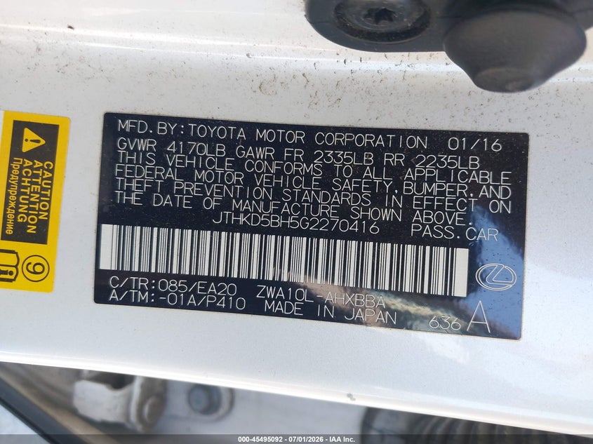 2016 Lexus Ct VIN JTHKD5BH5G2270416 IAAI salvage auction — ENGINE DAMAGE, Salvage (California), sold $1,550 on 2026-07-29 (photo 9)