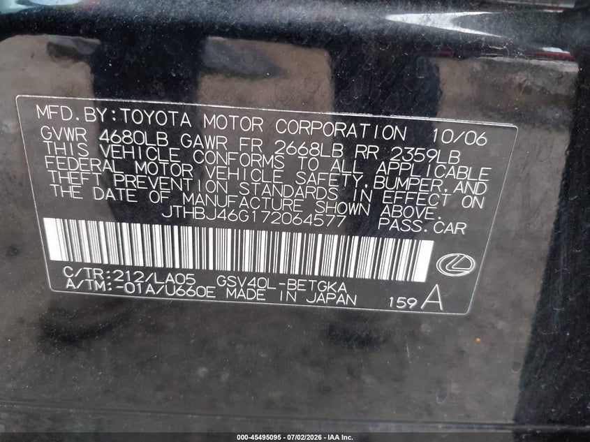 2007 Lexus Es 350 VIN JTHBJ46G172064577 IAAI salvage auction — REPOSSESSION, Nrc Lienholder Repossession Paperwork (Texas), sold $1,100 on 2026-07-16 (photo 9)
