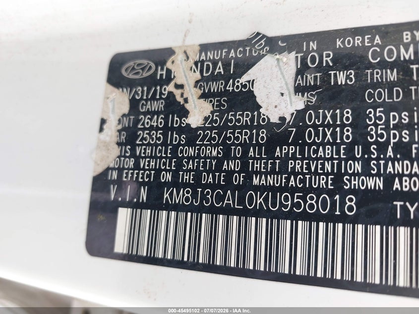 2019 Hyundai Tucson VIN KM8J3CAL0KU958018 IAAI salvage auction — RIGHT FRONT, Salvage Title, sold $3,775 on 2026-07-28 (photo 9)