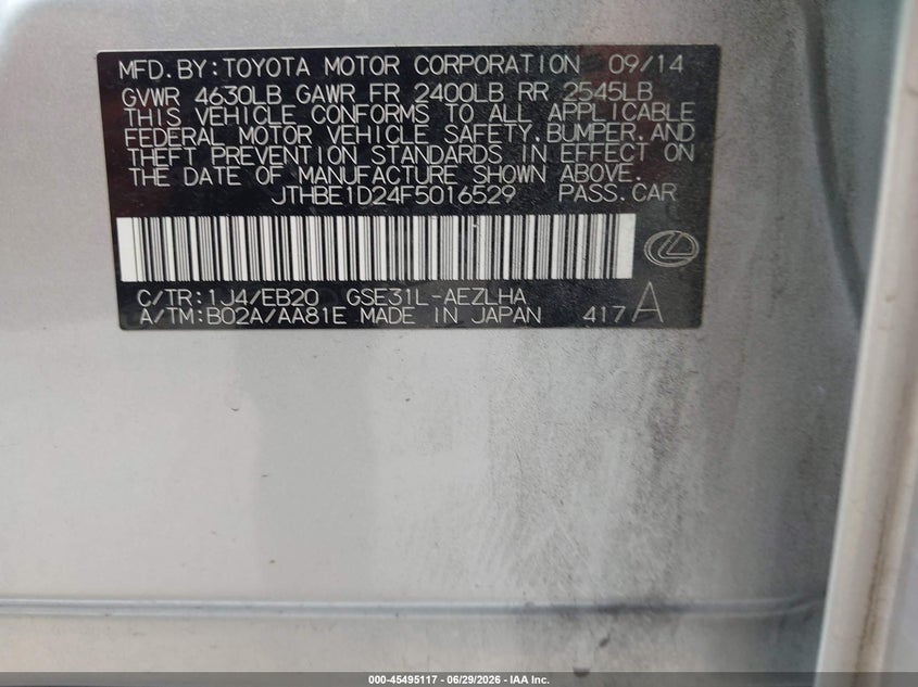 2015 Lexus Is VIN JTHBE1D24F5016529 IAAI salvage auction — RIGHT FRONT, Salvage (California), sold $1,950 on 2026-07-28 (photo 9)