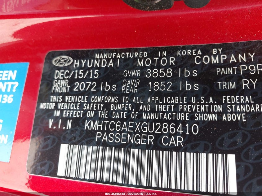 2016 Hyundai Veloster VIN KMHTC6AEXGU286410 IAAI salvage auction — REAR END, Salvage (Idaho), sold $825 on 2026-07-13 (photo 9)