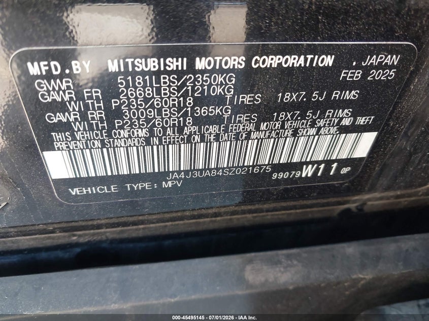 2025 Mitsubishi Outlander VIN JA4J3UA84SZ021675 IAAI salvage auction — REAR END, Clear (Colorado), sold $4,325 on 2026-07-29 (photo 9)