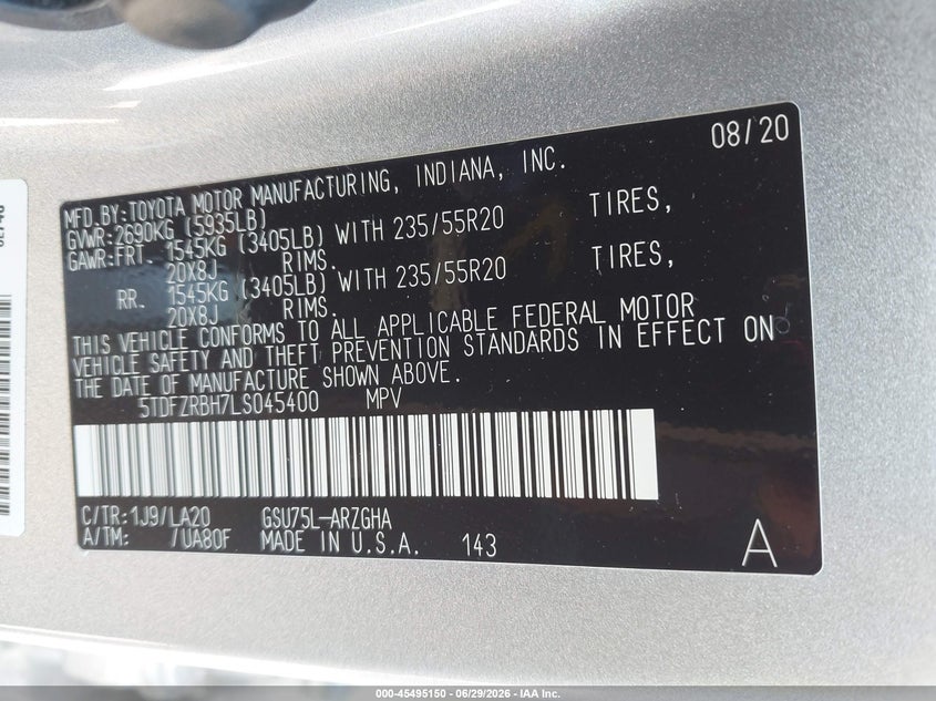 2020 Toyota Highlander VIN 5TDFZRBH7LS045400 IAAI salvage auction — FRONT END, Salvage - Greater Than 75% (Maryland), sold $14,500 on 2026-08-01 (photo 9)