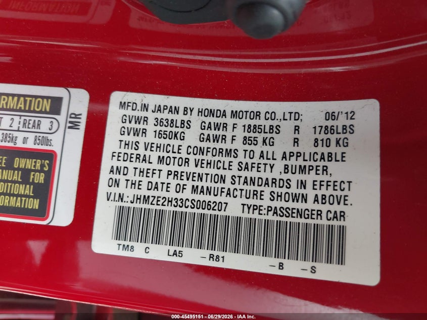 2012 Honda Insight VIN JHMZE2H33CS006207 IAAI salvage auction — NORMAL WEAR, Clear (Virginia), sold $1,250 on 2026-07-09 (photo 9)