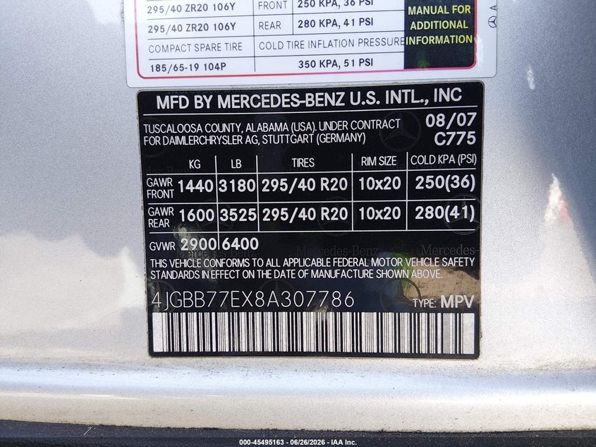 2008 Mercedes-benz M-class VIN 4JGBB77EX8A307786 IAAI salvage auction — NORMAL WEAR, Clear (Nevada), sold $1,500 on 2026-07-18 (photo 9)