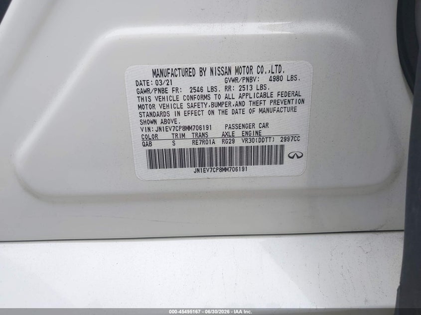 2021 Infiniti Q50 VIN JN1EV7CP8MM706191 IAAI salvage auction — UNDERCARRIAGE, Salvage (Idaho), sold $2,900 on 2026-07-28 (photo 9)