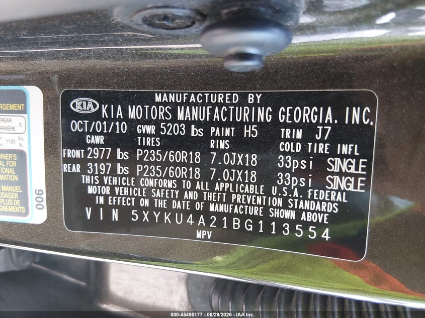 2011 Kia Sorento VIN 5XYKU4A21BG113554 IAAI salvage auction — FRONT END, Salvage (New Jersey), sold $1,700 on 2026-07-31 (photo 9)