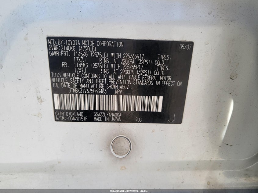 2007 Toyota Rav4 VIN JTMBK31V675033483 IAAI salvage auction — NORMAL WEAR, Restored (Arizona), sold $2,050 on 2026-07-14 (photo 9)
