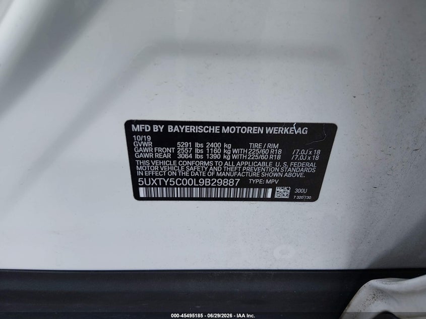 2020 BMW X3 VIN 5UXTY5C00L9B29887 IAAI salvage auction — FRONT & REAR, Salvage Title, sold $7,000 on 2026-08-29 (photo 9)