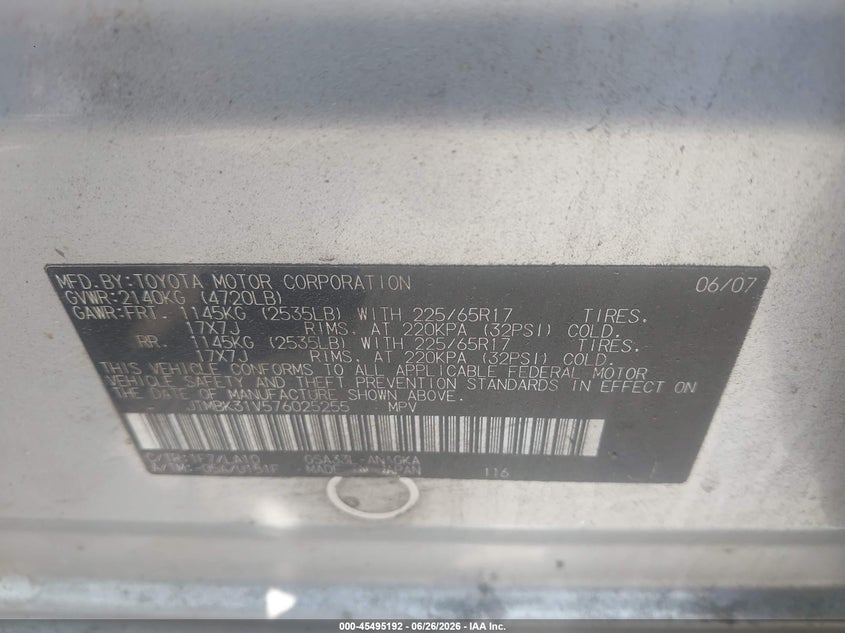 2007 Toyota Rav4 VIN JTMBK31V576025255 IAAI salvage auction — NORMAL WEAR, Clear (Florida), sold $600 on 2026-07-29 (photo 9)