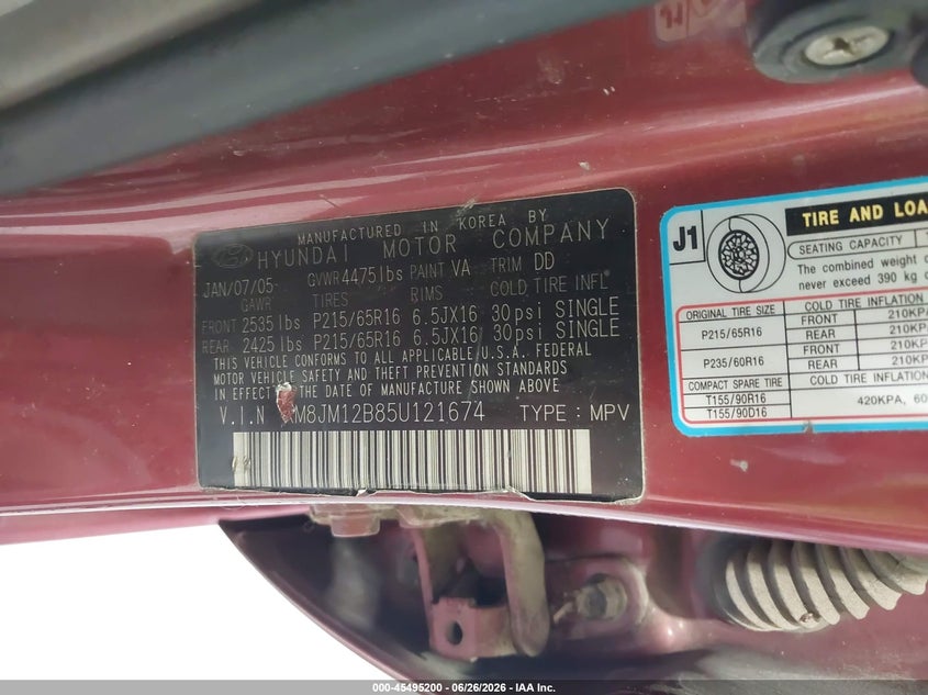 2005 Hyundai Tucson VIN KM8JM12B85U121674 IAAI salvage auction — NORMAL WEAR, Clear (Missouri), sold $550 on 2026-07-13 (photo 9)