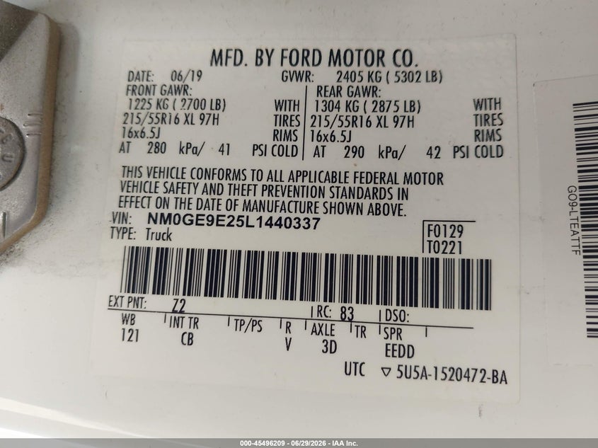 2020 Ford Transit connect VIN NM0GE9E25L1440337 IAAI salvage auction — NORMAL WEAR, Sf97 (California), sold $1,050 on 2026-07-28 (photo 9)