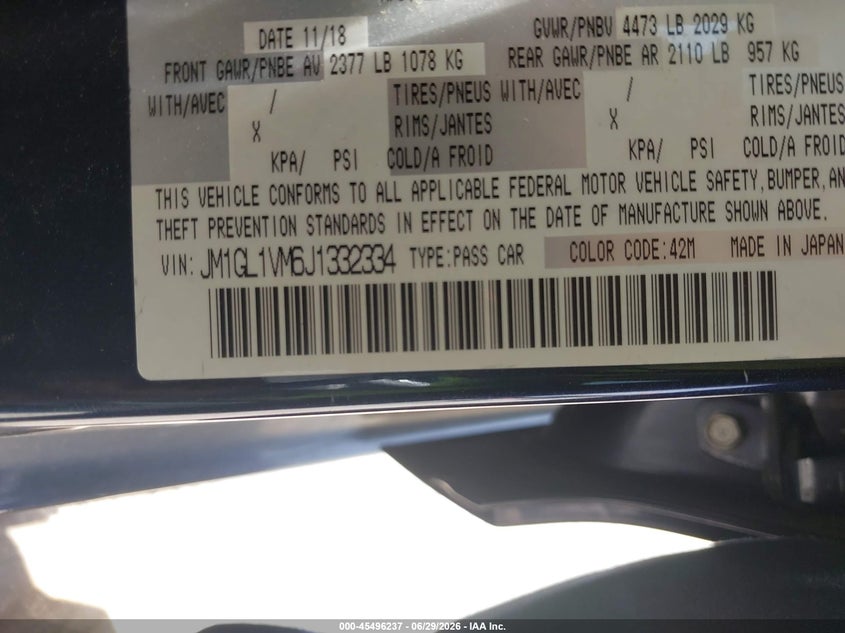 2018 Mazda 6 VIN JM1GL1VM6J1332334 IAAI salvage auction — FRONT END, Original (Texas), sold $4,400 on 2026-07-29 (photo 9)