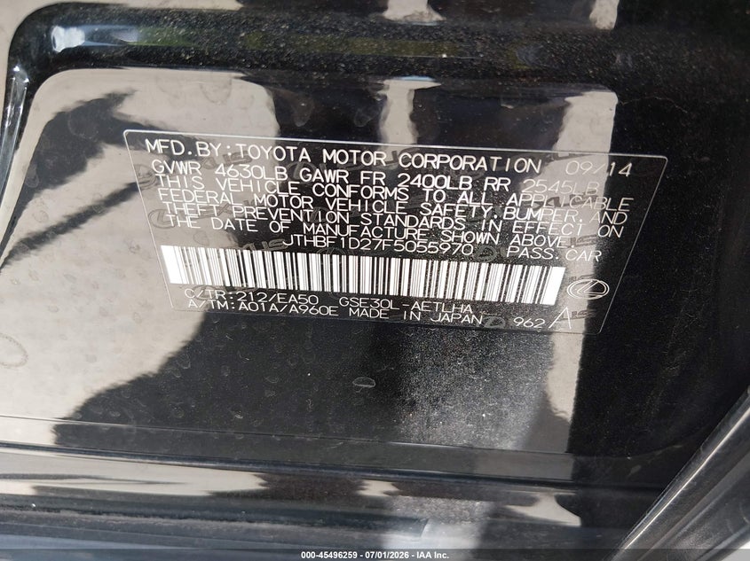2015 Lexus Is VIN JTHBF1D27F5055970 IAAI salvage auction — REAR END, Salvage (Texas), sold $25 on 2026-07-17 (photo 9)